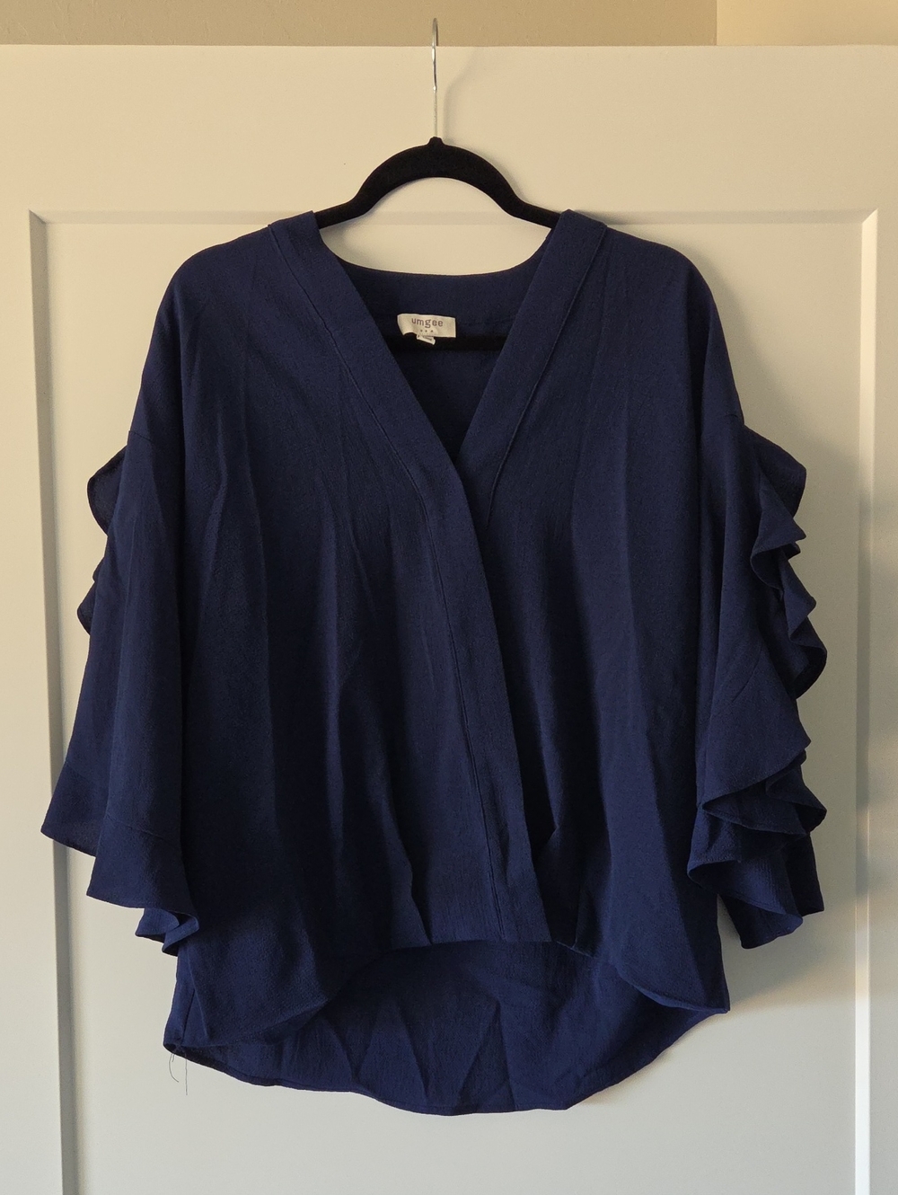Umgee Navy V-Neck Ruffle Sleeve Blouse